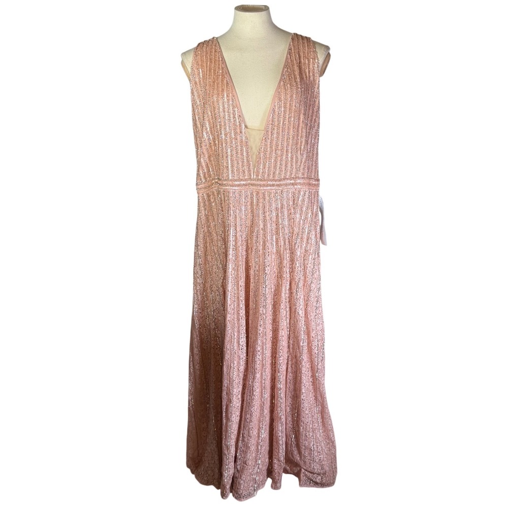 Mac Duggal Rose Gold Sequin Deep V Maxi Dress